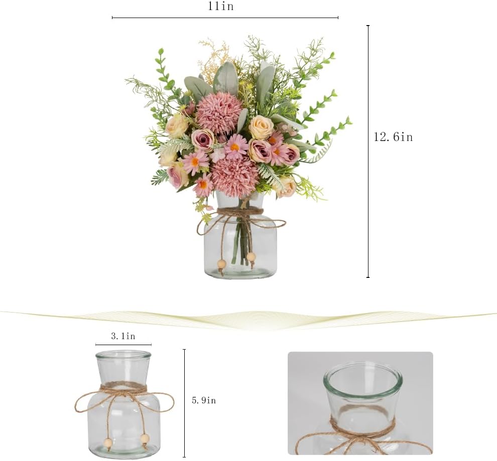 Artificial Flowers in Vase with Silk Bouquet and Glass Vase Purple