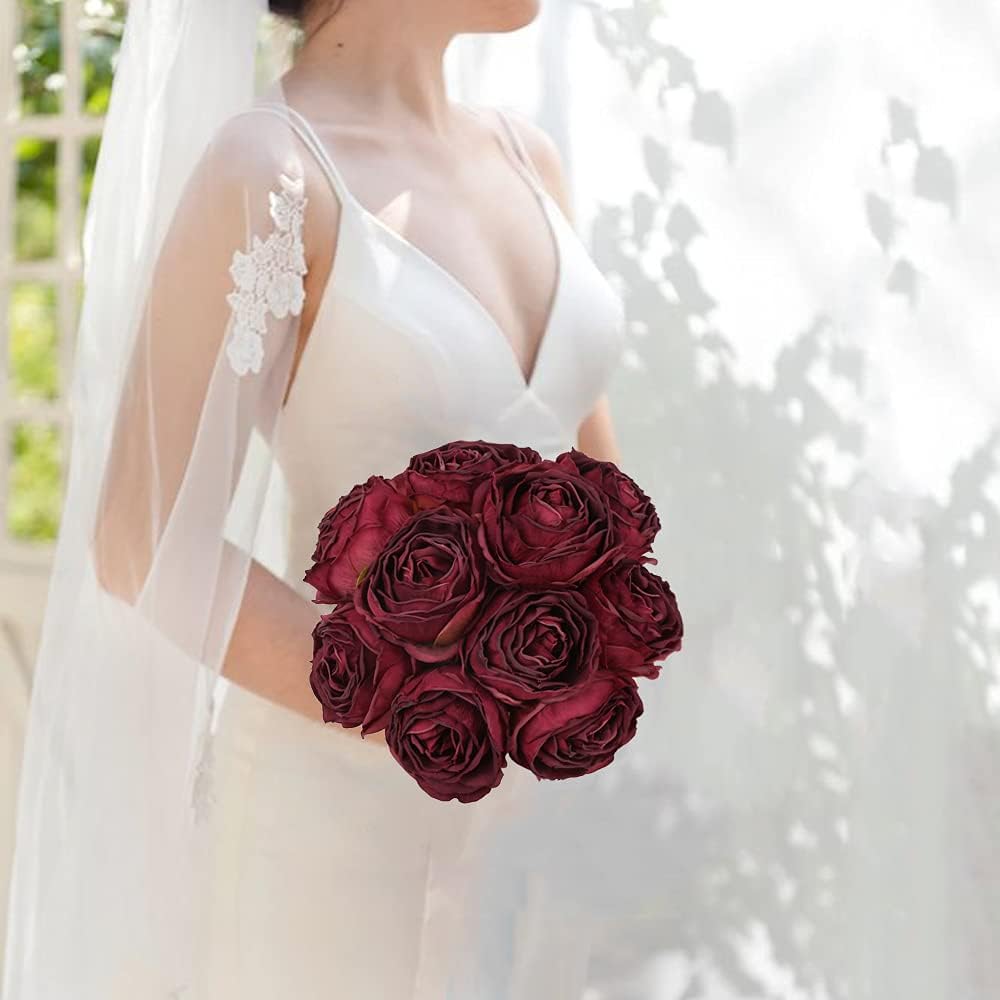 IPOPU Burgundy Artificial Roses 25pcs Flower Heads for Decor