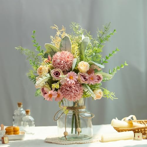 Artificial Flowers in Vase with Silk Bouquet and Glass Vase Purple
