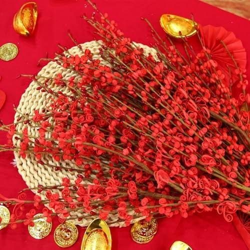 295 Inch Long Stem Jasmine Artificial Flowers 5Pcs Red with Berry