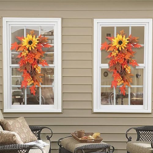 Fall Teardrop Wreath with Sunflowers and Maple Leaves