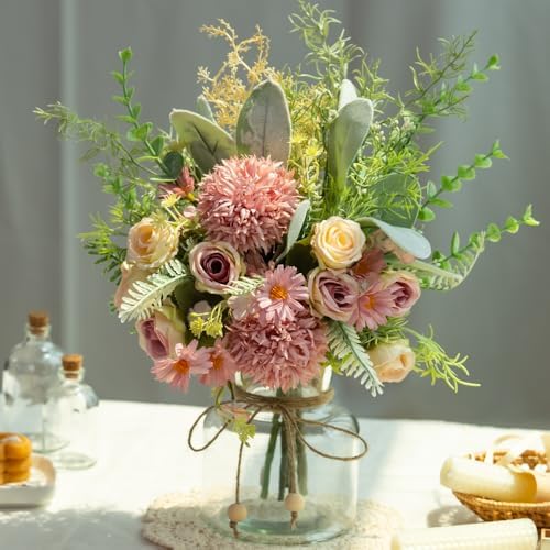Artificial Flowers in Vase with Silk Bouquet and Glass Vase Purple