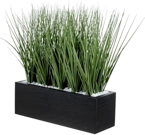 MyGift 12 Inch Artificial Green Grass in Black Wood Planter