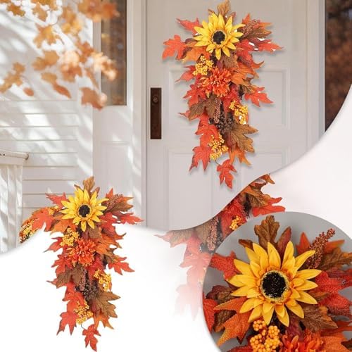 Fall Teardrop Wreath with Sunflowers and Maple Leaves