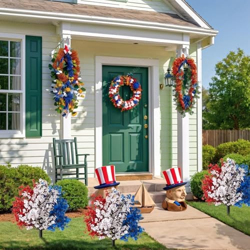 4th of July Artificial Boxwood Topiary with Ground Spikes