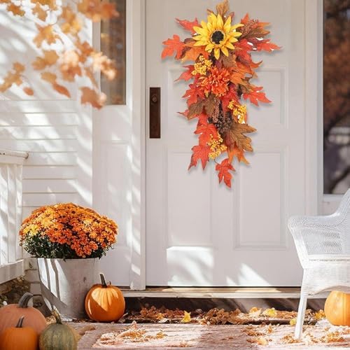 Fall Teardrop Wreath with Sunflowers and Maple Leaves