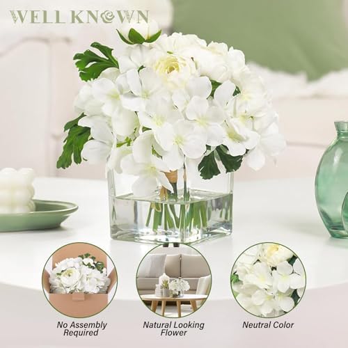 WELL KNOWN Artificial Hydrangea Ranunculus Flowers in Vase White