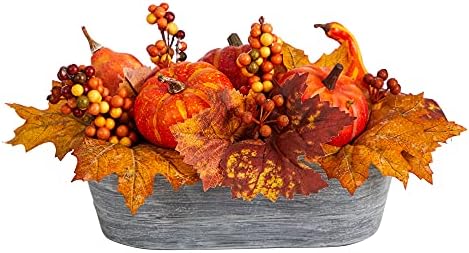 Nearly Natural 12 Inch Fall Pumpkin and Berries Artificial Arrangement in Washed Vase