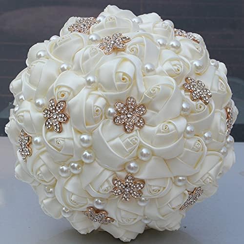 Artificial Flower Gold Brooch Cream Ivory Wedding Bouquet