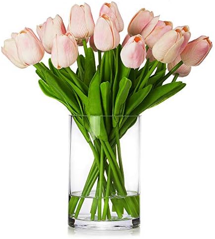 ENOVA HOME Artificial Tulips Flower Arrangement in Glass Vase Pink