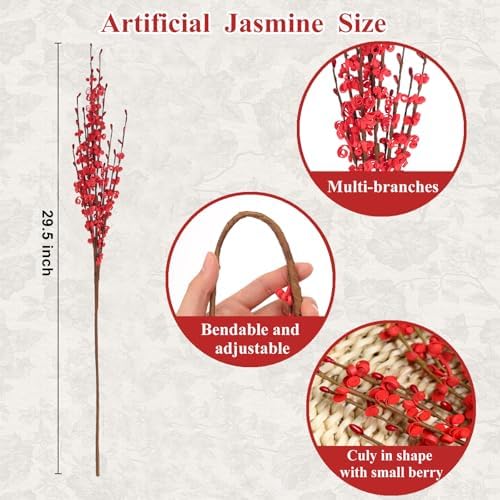 295 Inch Long Stem Jasmine Artificial Flowers 5Pcs Red with Berry