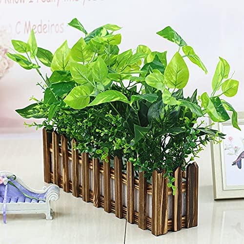Realistic Artificial Potted Plants in Rectangular Wooden Planter Box