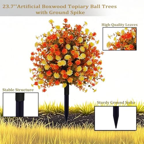 Fall Artificial Topiary Ball Tree with Mums Flowers Set of 2