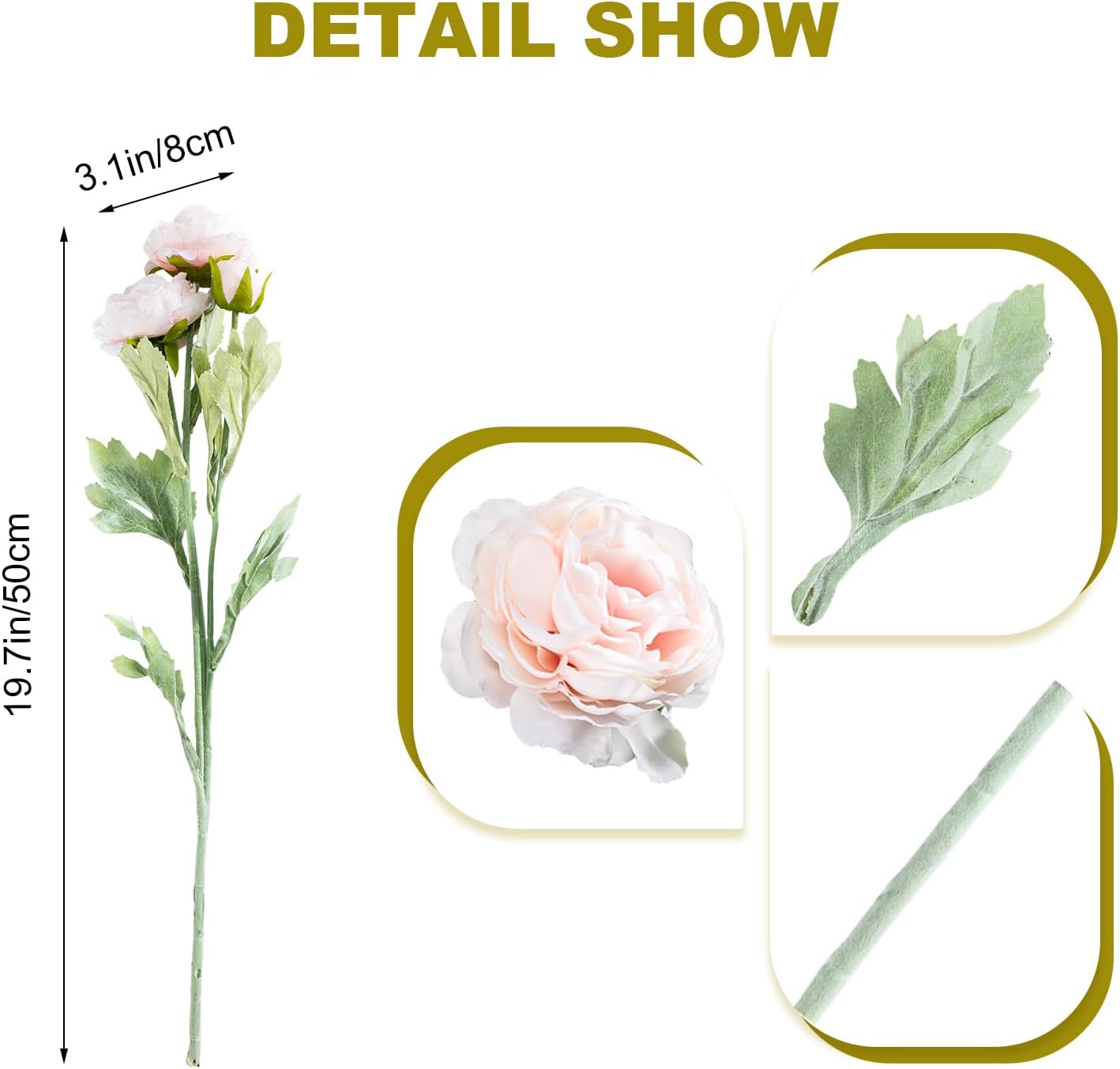 3PCS Light Pink Artificial Peonies with Real Touch Stems