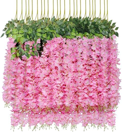 Pauwer Wisteria Hanging Flowers 24 Pack Artificial Garland Pink
