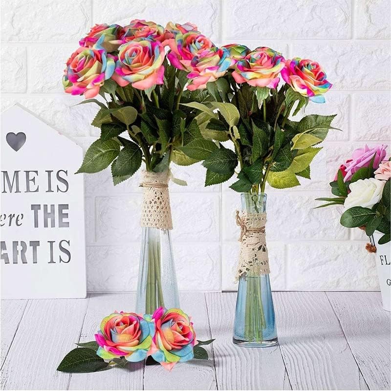 Rainbow Artificial Silk Rose Flowers 8pcs for Decorations