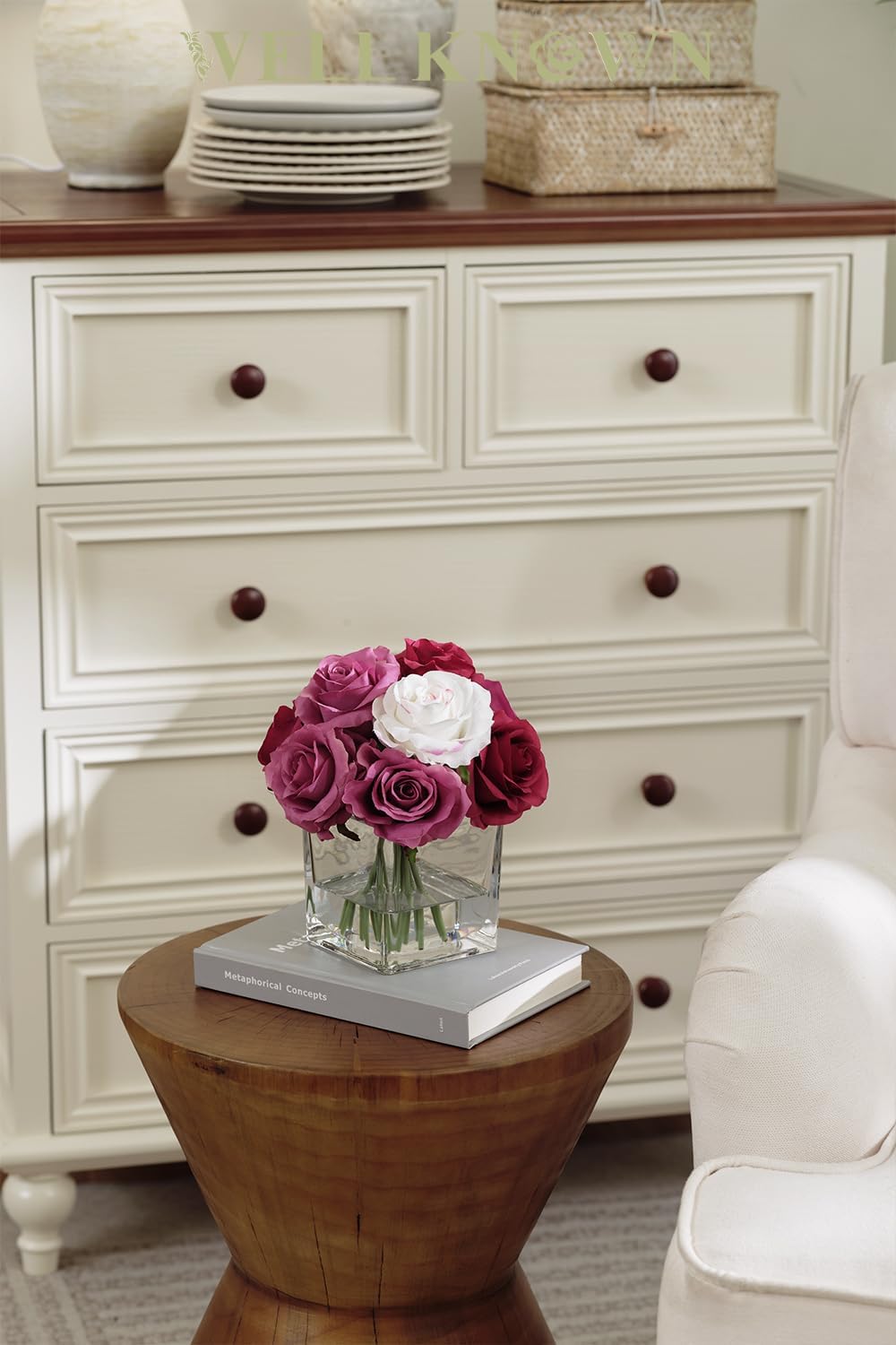 Artificial Rose Flowers in Vase with Faux Water Purple White