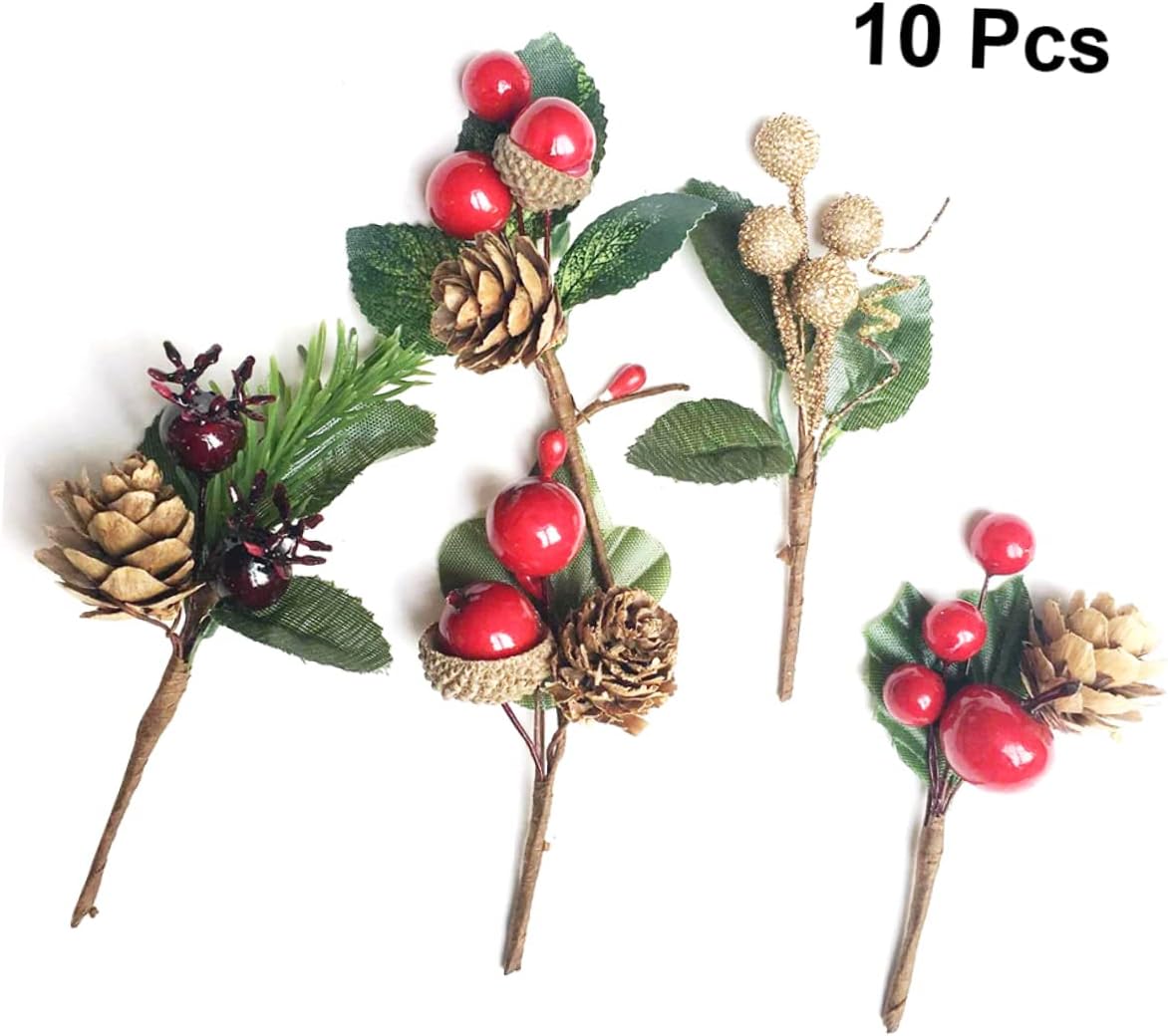 10pcs Artificial Pine Cones with Berries for Christmas Decor