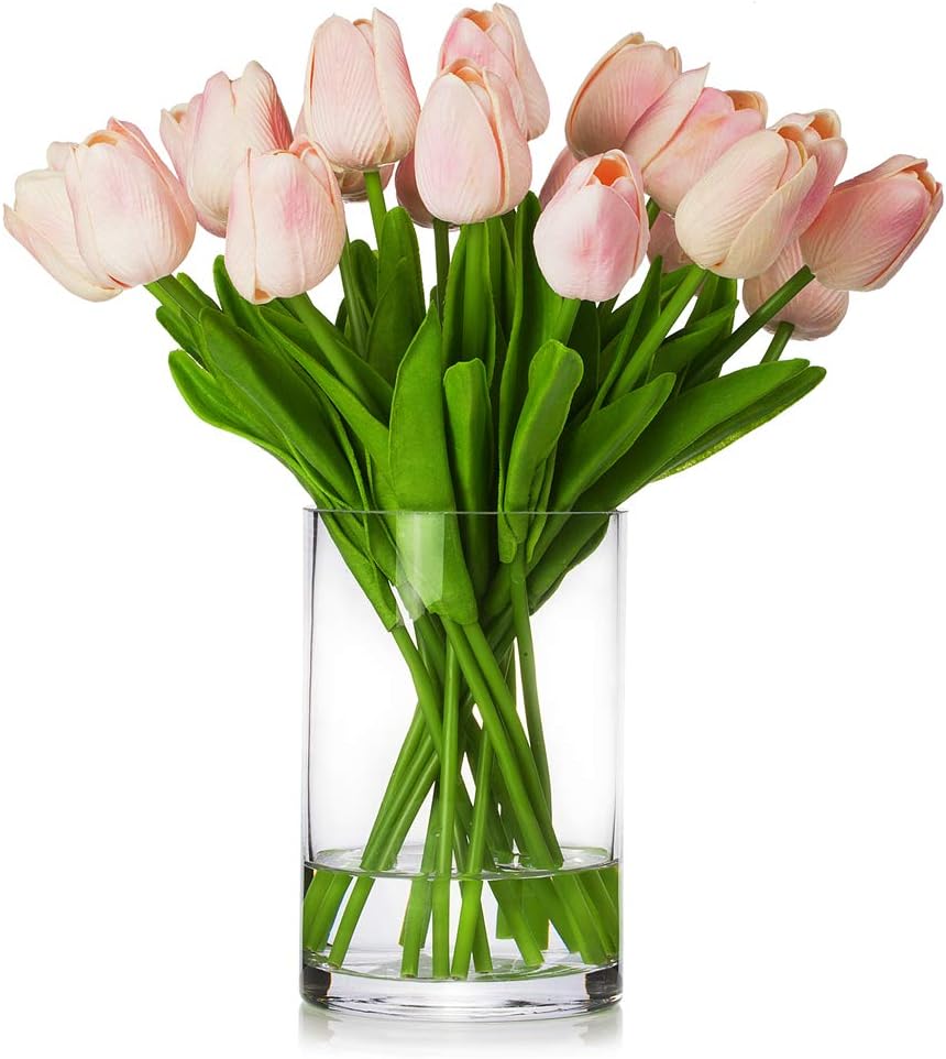 ENOVA HOME Artificial Tulips Flower Arrangement in Glass Vase Pink