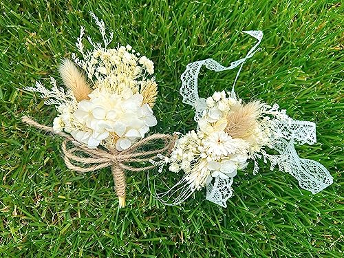 Elegant Handmade Dried Flower Boutonniere and Corsage Set Ivory