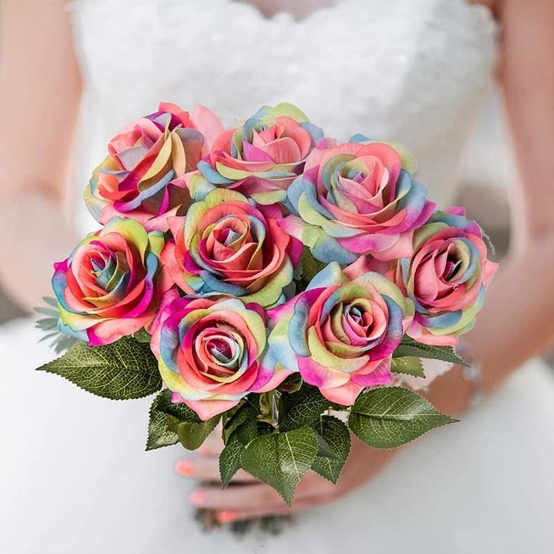 Rainbow Artificial Silk Rose Flowers 8pcs for Decorations