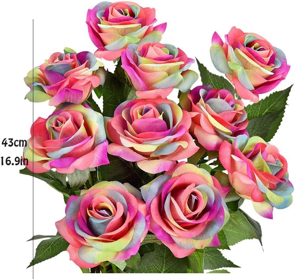Rainbow Artificial Silk Rose Flowers 8pcs for Decorations