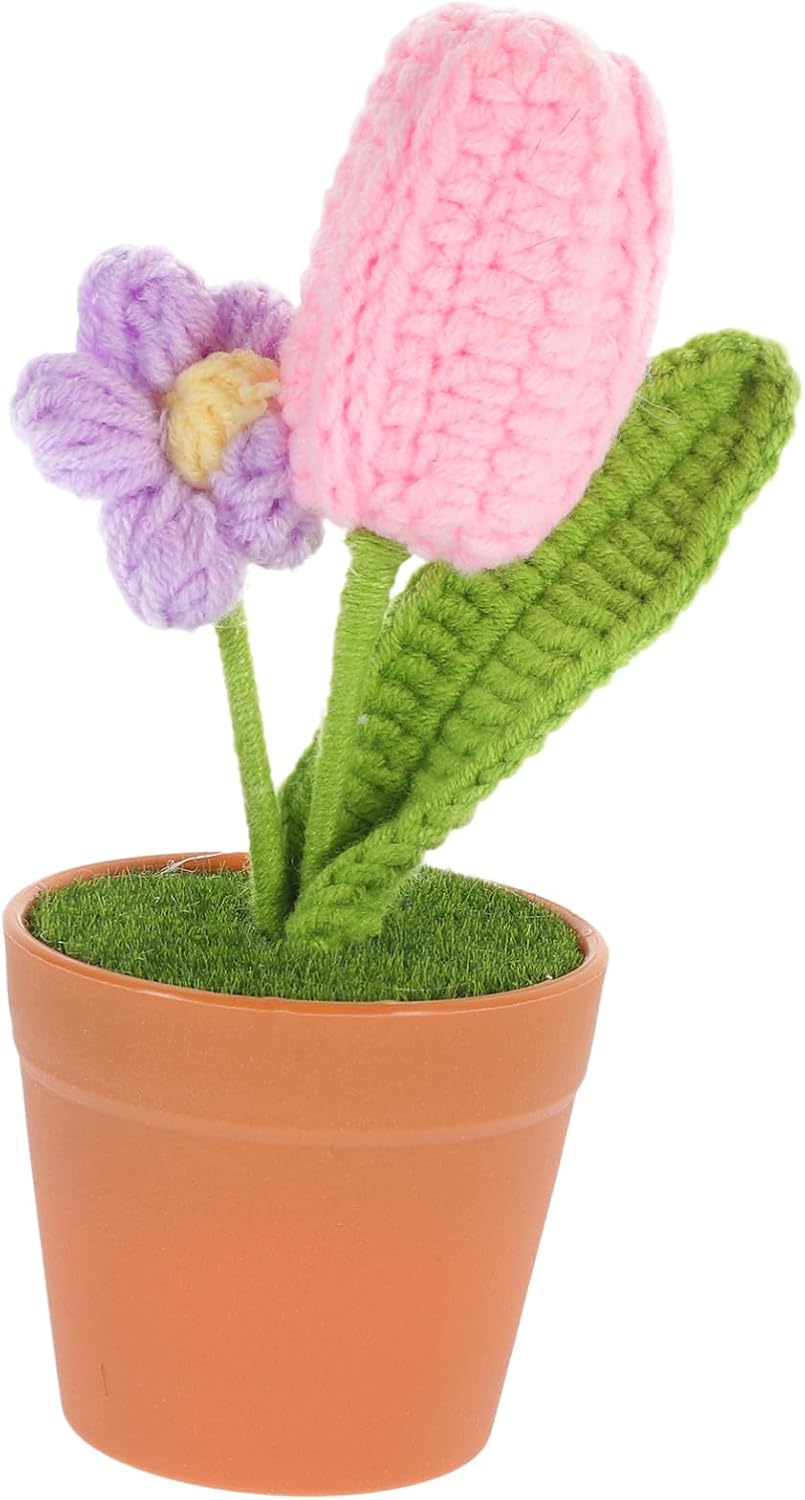 Pink Crochet Flower Pot Artificial Bonsai Decor