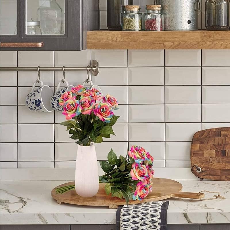 Rainbow Artificial Silk Rose Flowers 8pcs for Decorations
