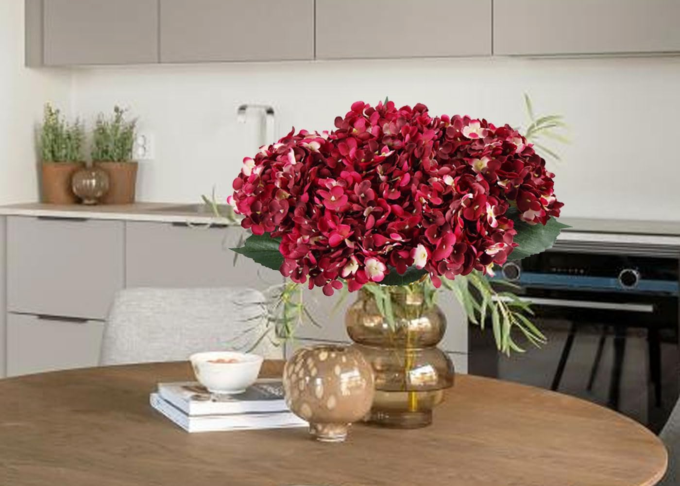 5Pcs Madder Red Faux Silk Hydrangea Artificial Flowers with Stem