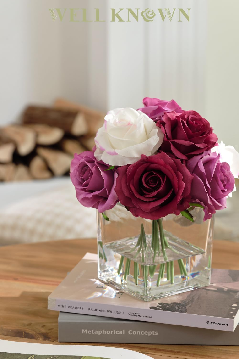 Artificial Rose Flowers in Vase with Faux Water Purple White