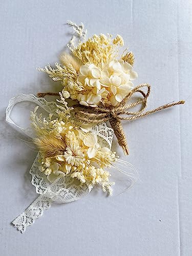 Elegant Handmade Dried Flower Boutonniere and Corsage Set Ivory