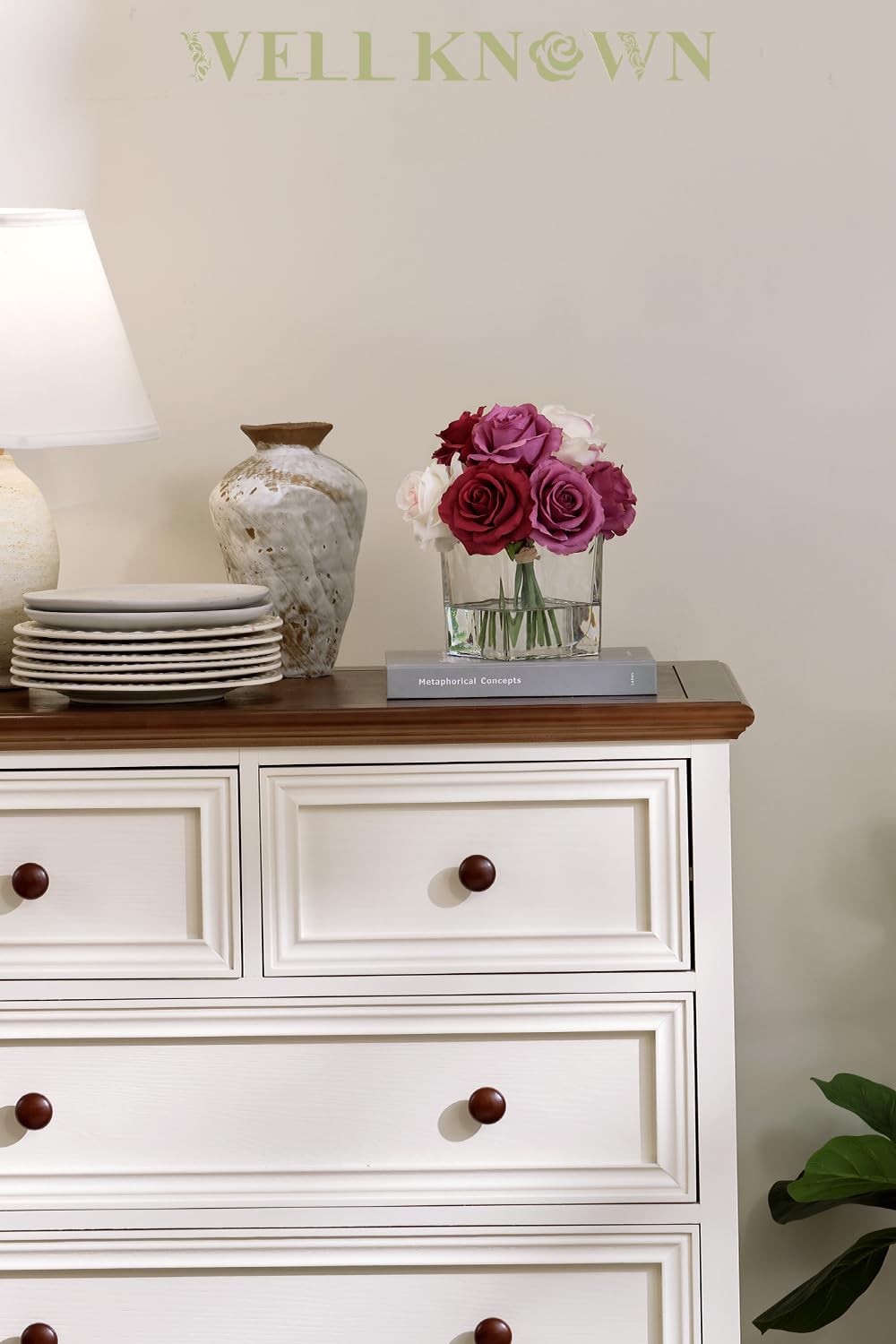 Artificial Rose Flowers in Vase with Faux Water Purple White