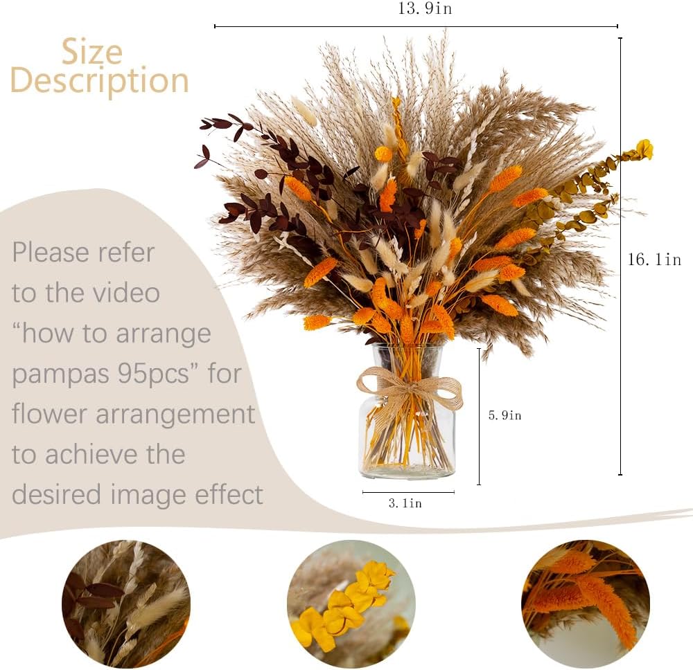 95pcs Pampas Grass Dried Flowers in Vase Boho Decor