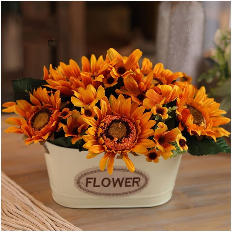 Artificial Sunflower and Rose Bouquet with Iron Pot