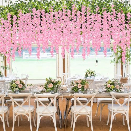 Pauwer Wisteria Hanging Flowers 24 Pack Artificial Garland Pink