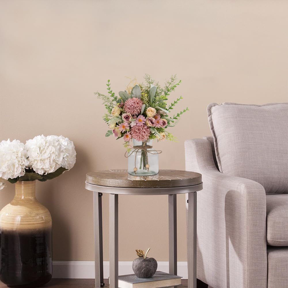Artificial Flowers in Vase with Silk Bouquet and Glass Vase Purple