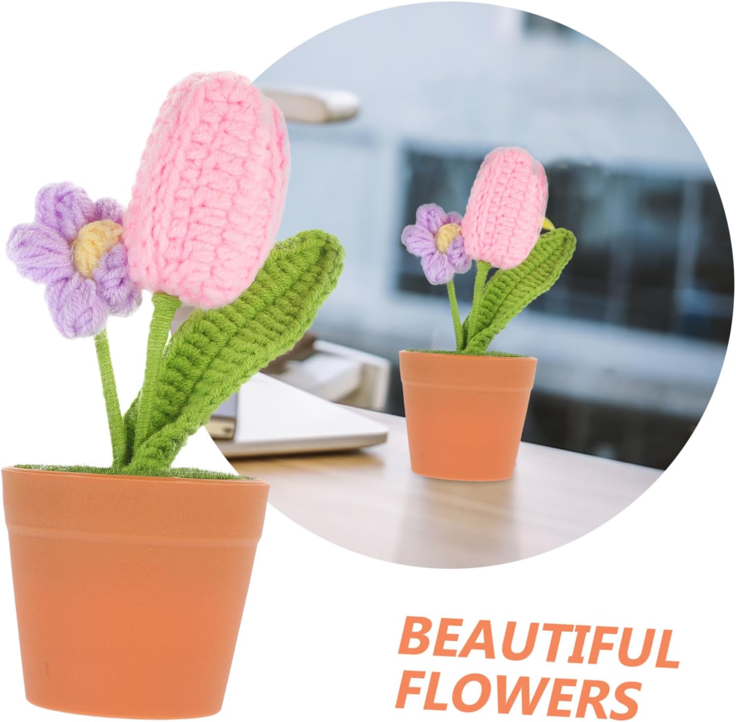 Pink Crochet Flower Pot Artificial Bonsai Decor