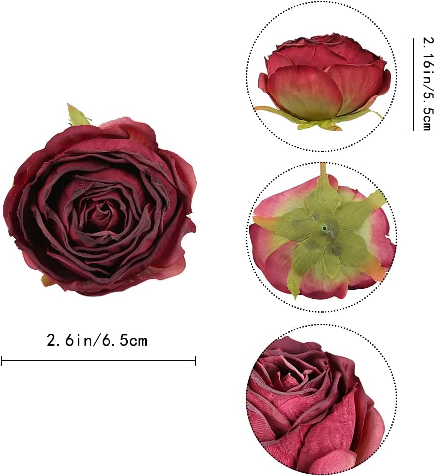 IPOPU Burgundy Artificial Roses 25pcs Flower Heads for Decor
