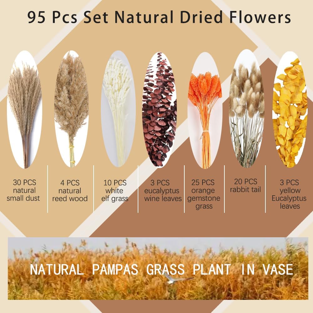95pcs Pampas Grass Dried Flowers in Vase Boho Decor