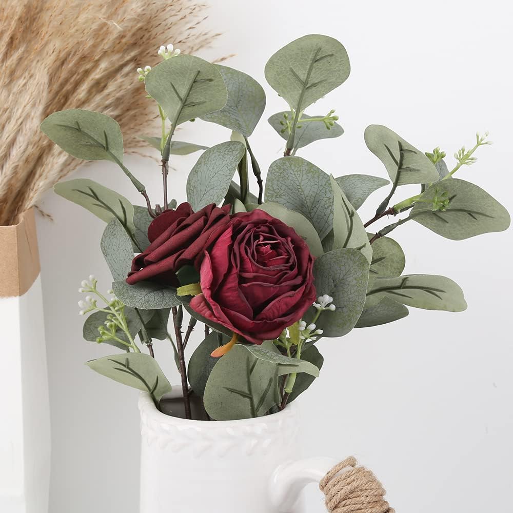 IPOPU Burgundy Artificial Roses 25pcs Flower Heads for Decor