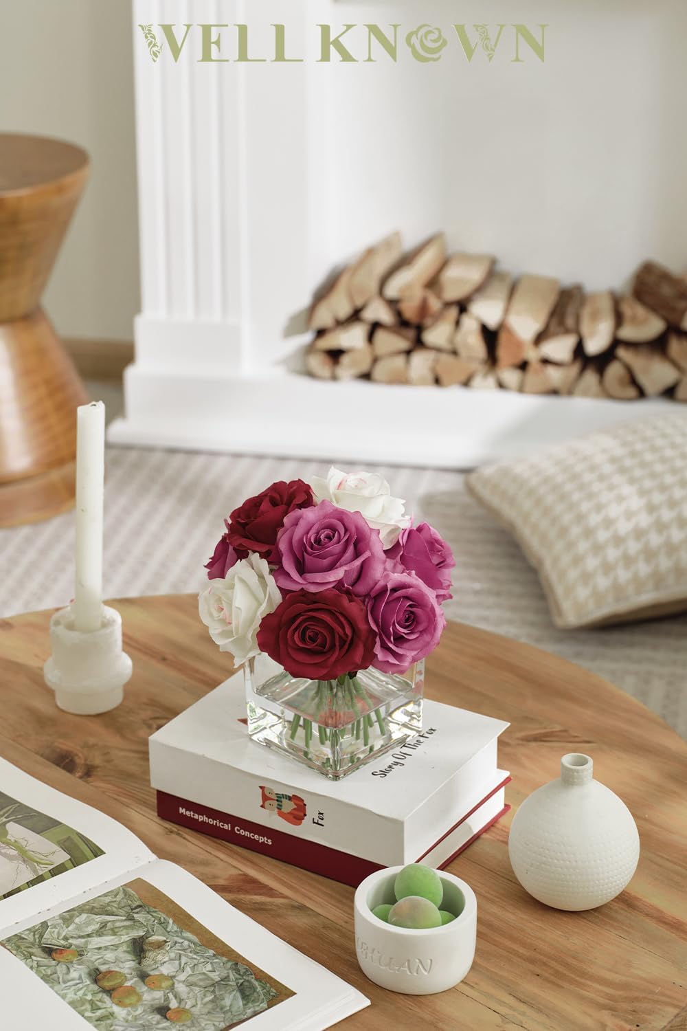 Artificial Rose Flowers in Vase with Faux Water Purple White