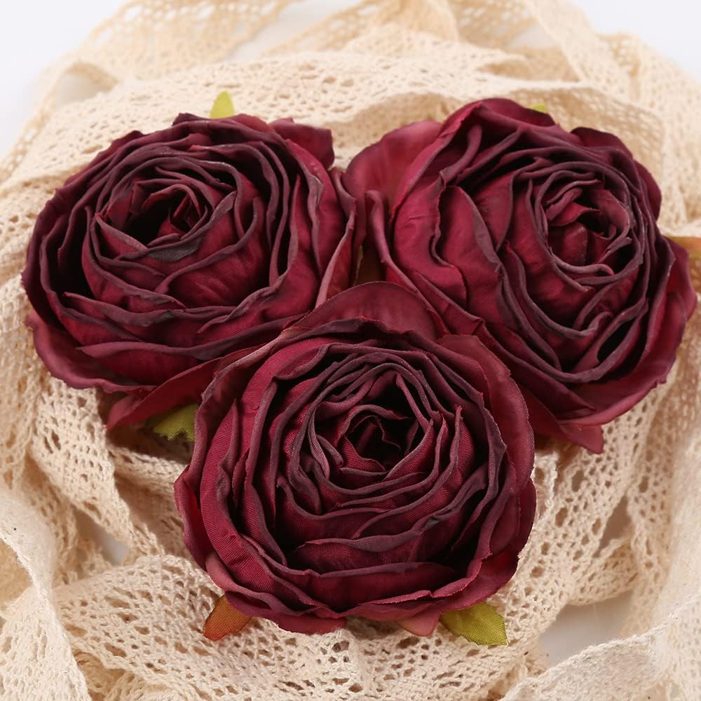 IPOPU Burgundy Artificial Roses 25pcs Flower Heads for Decor