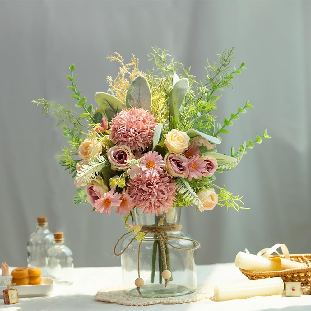 Artificial Flowers in Vase with Silk Bouquet and Glass Vase Purple