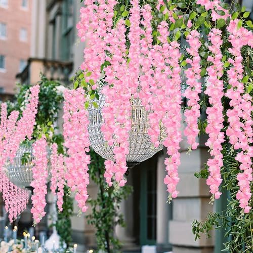 Pauwer Wisteria Hanging Flowers 24 Pack Artificial Garland Pink