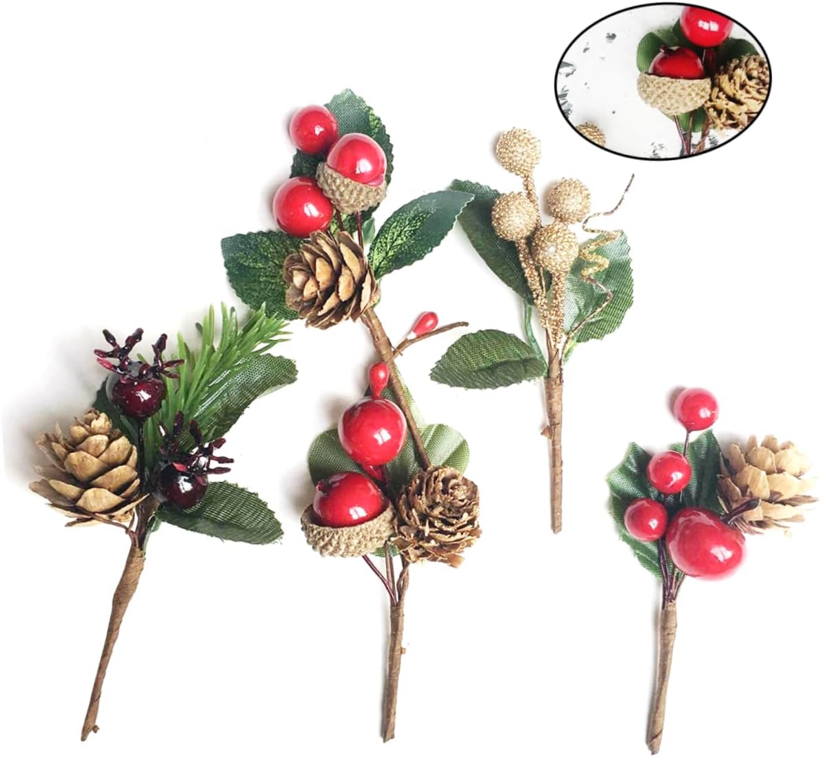 10pcs Artificial Pine Cones with Berries for Christmas Decor