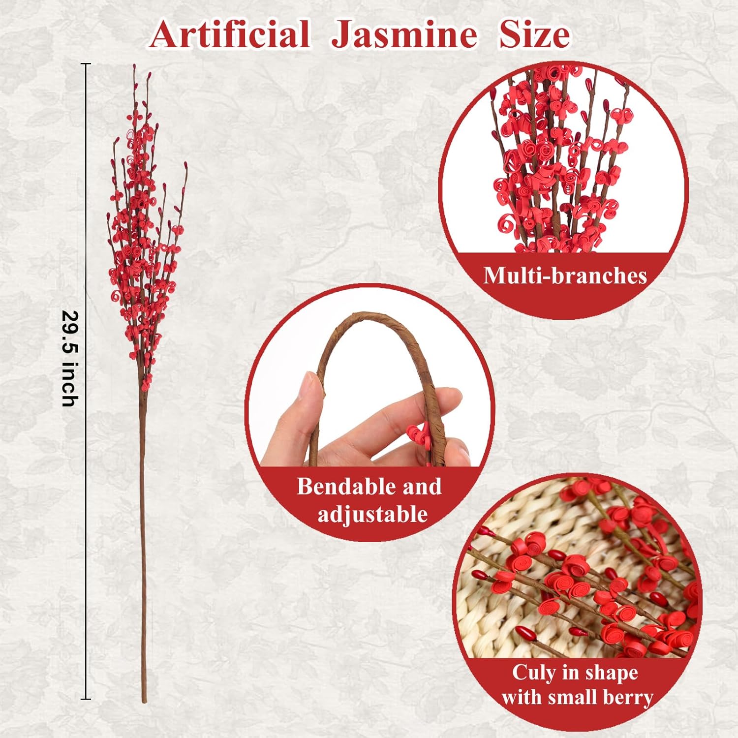 295 Inch Long Stem Jasmine Artificial Flowers 5Pcs Red with Berry
