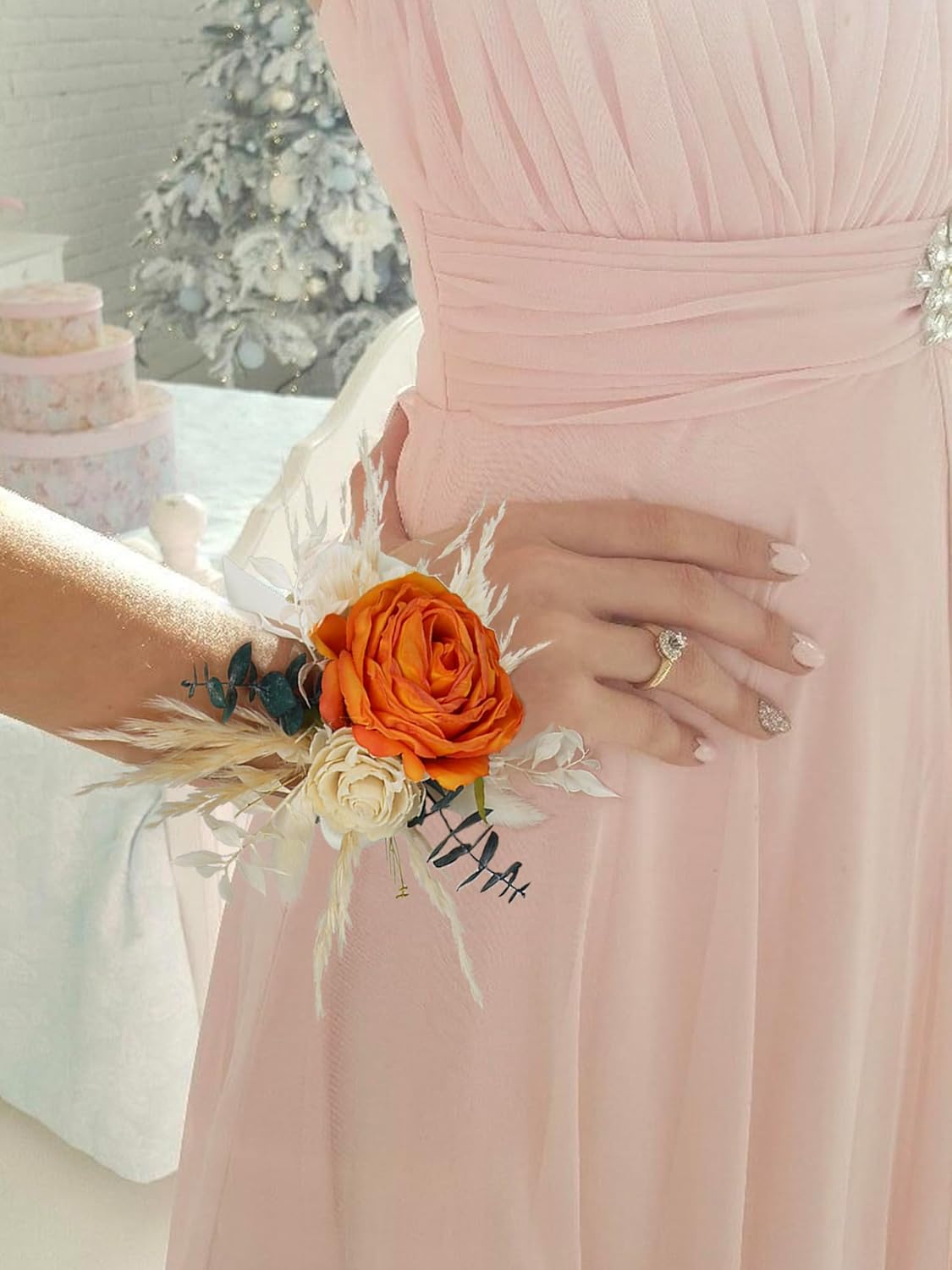 Rinlong Burnt Orange Dried Flower Corsage and Boutonniere Set