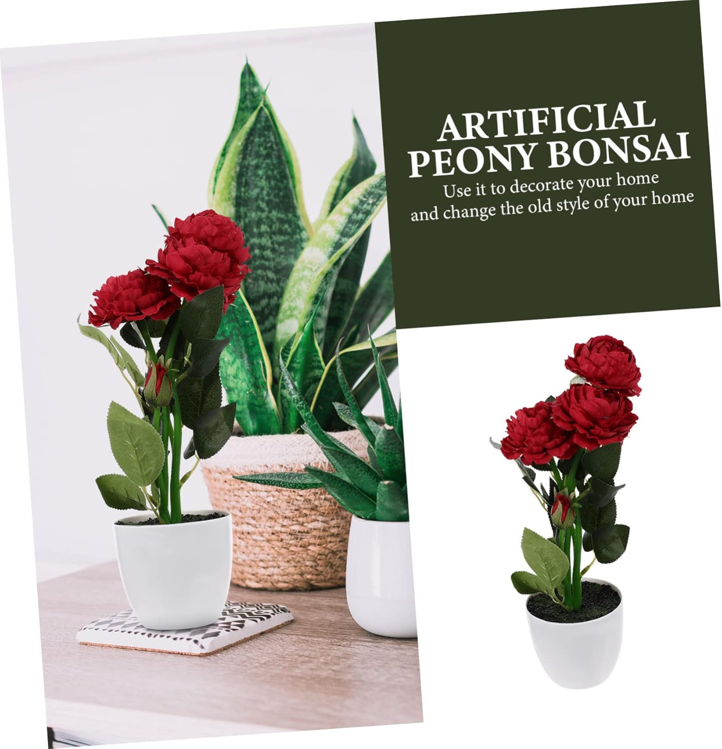 2 Pcs Red Artificial Potted Peony Flowers Decor