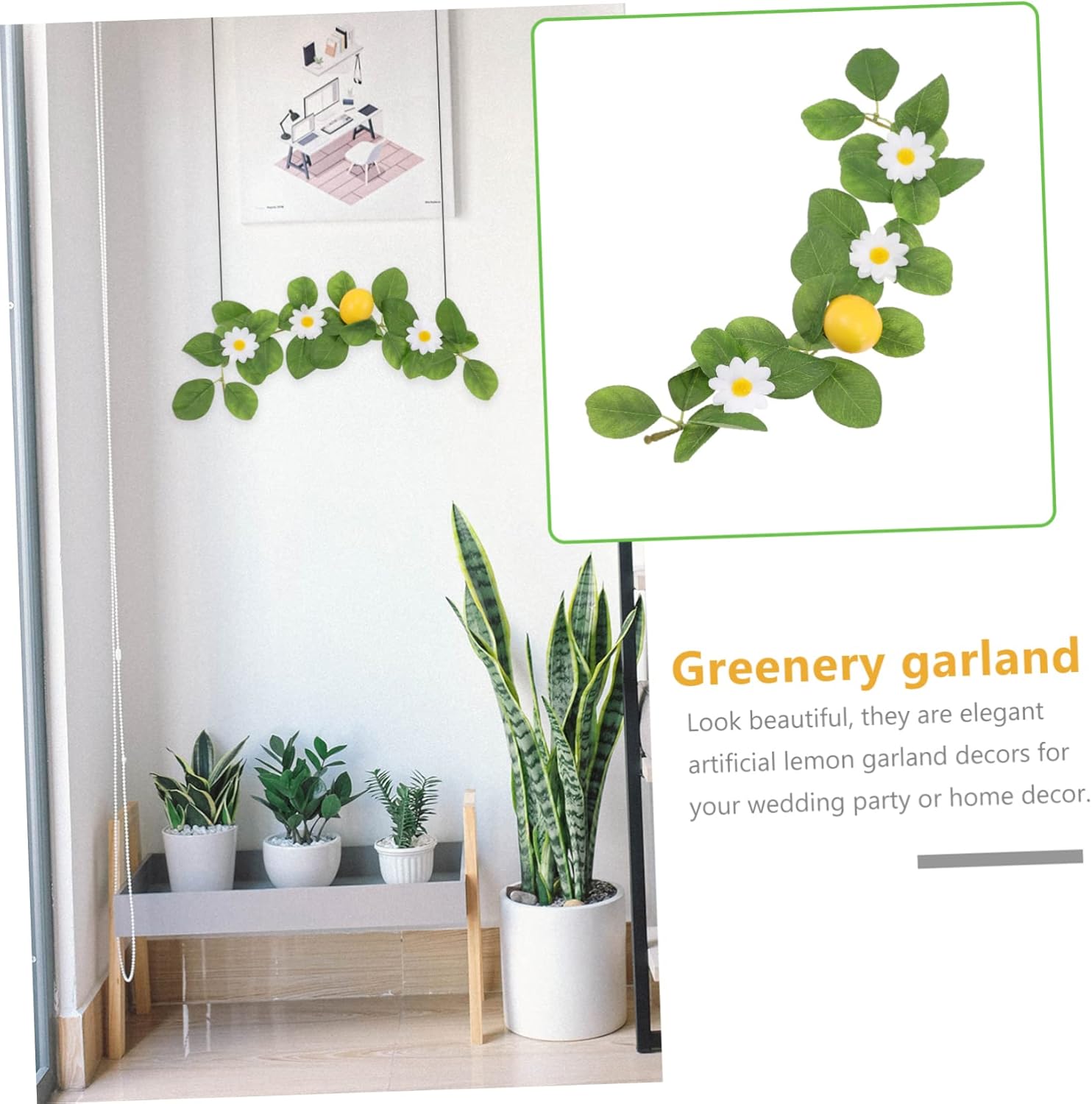 2pcs Artificial Lemon Garland with Dried Slices and Green Leaves