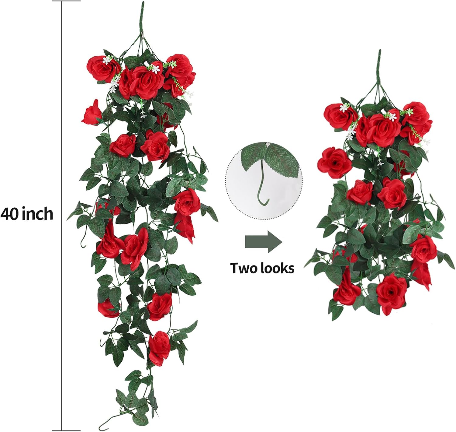Artificial Hanging Rose Flower with LED Lights 2PCS Red
